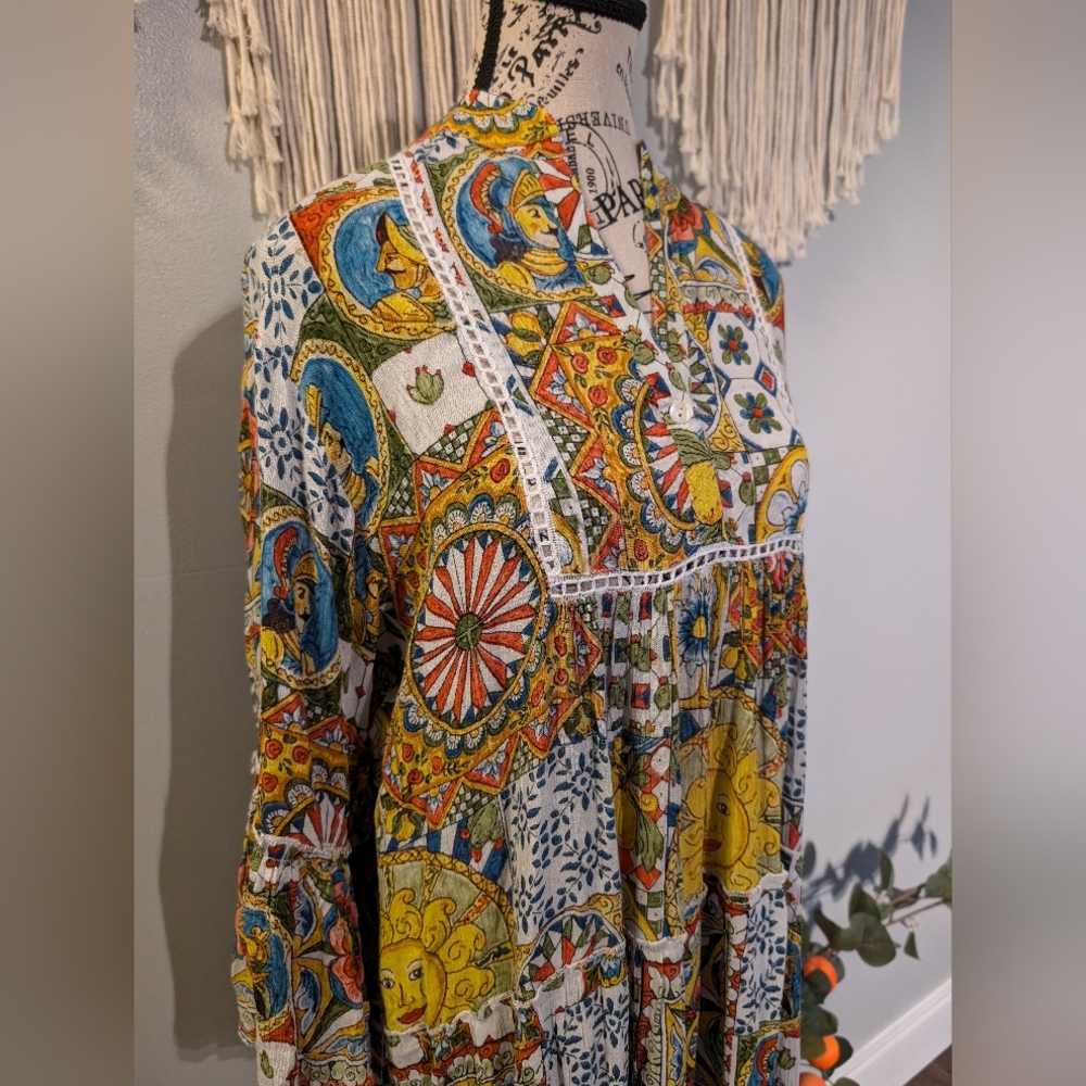 Women's Whimsigoth Orange Fashion Village Celestial Aline Midi Dress Size S/M - Picture 2 of 9